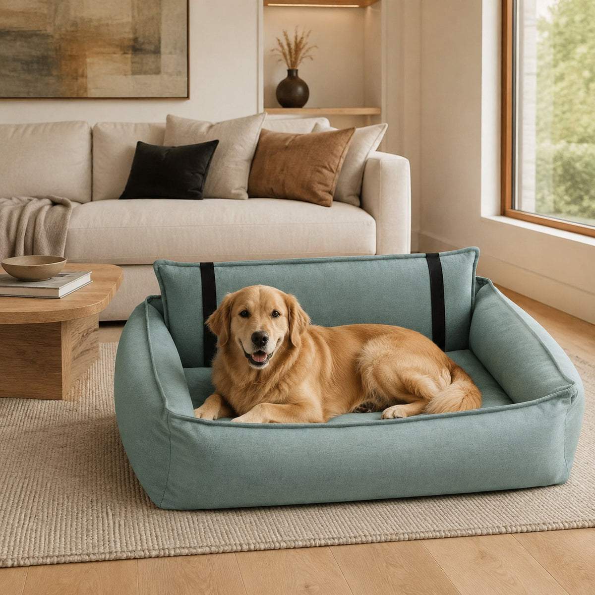 Orthopädisches Orteo Hundebett Soft Teal mit Golden Retriever im modernen Wohnzimmer