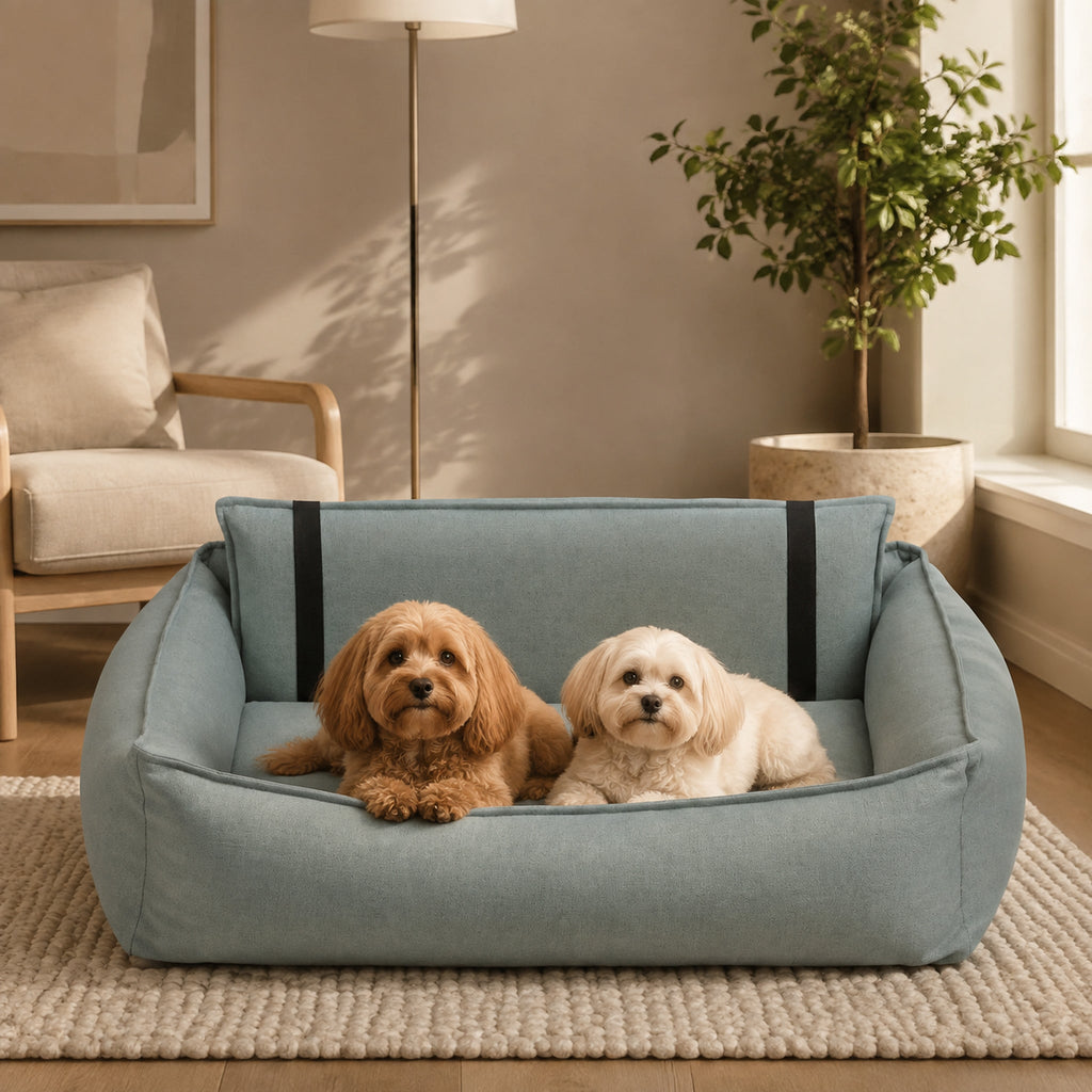 Orteo Komfort-Hundebett Soft Teal für zwei kleine Hunde in eleganter Wohnatmosphäre