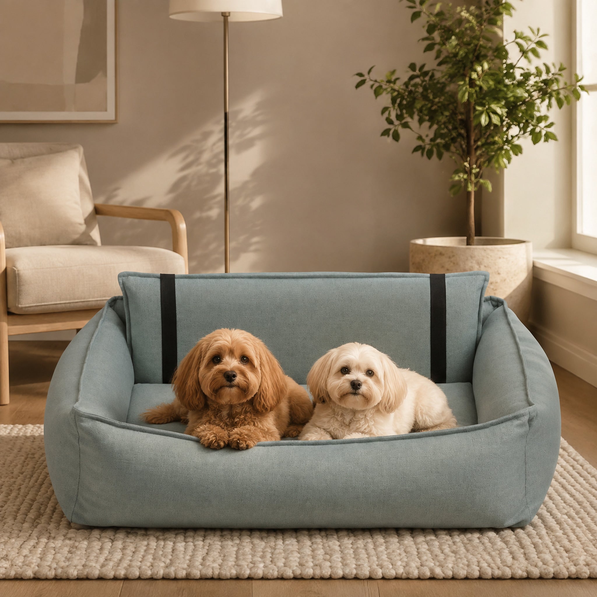Orteo Komfort-Hundebett Soft Teal für zwei kleine Hunde in eleganter Wohnatmosphäre