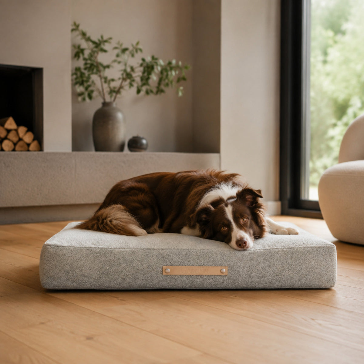 Oslo Hundekissen – Wolkengrau – Elegante Wohnszene mit Haustier