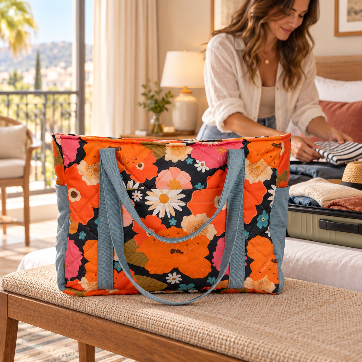 Mom Bag und Weekender Blumenpicknick mit orangefarbenem Blumenmuster im Hotelzimmer neben einem Koffer