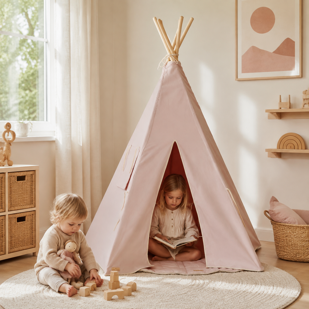 Geschwister spielen am pastellrosa Kinder-Tipi