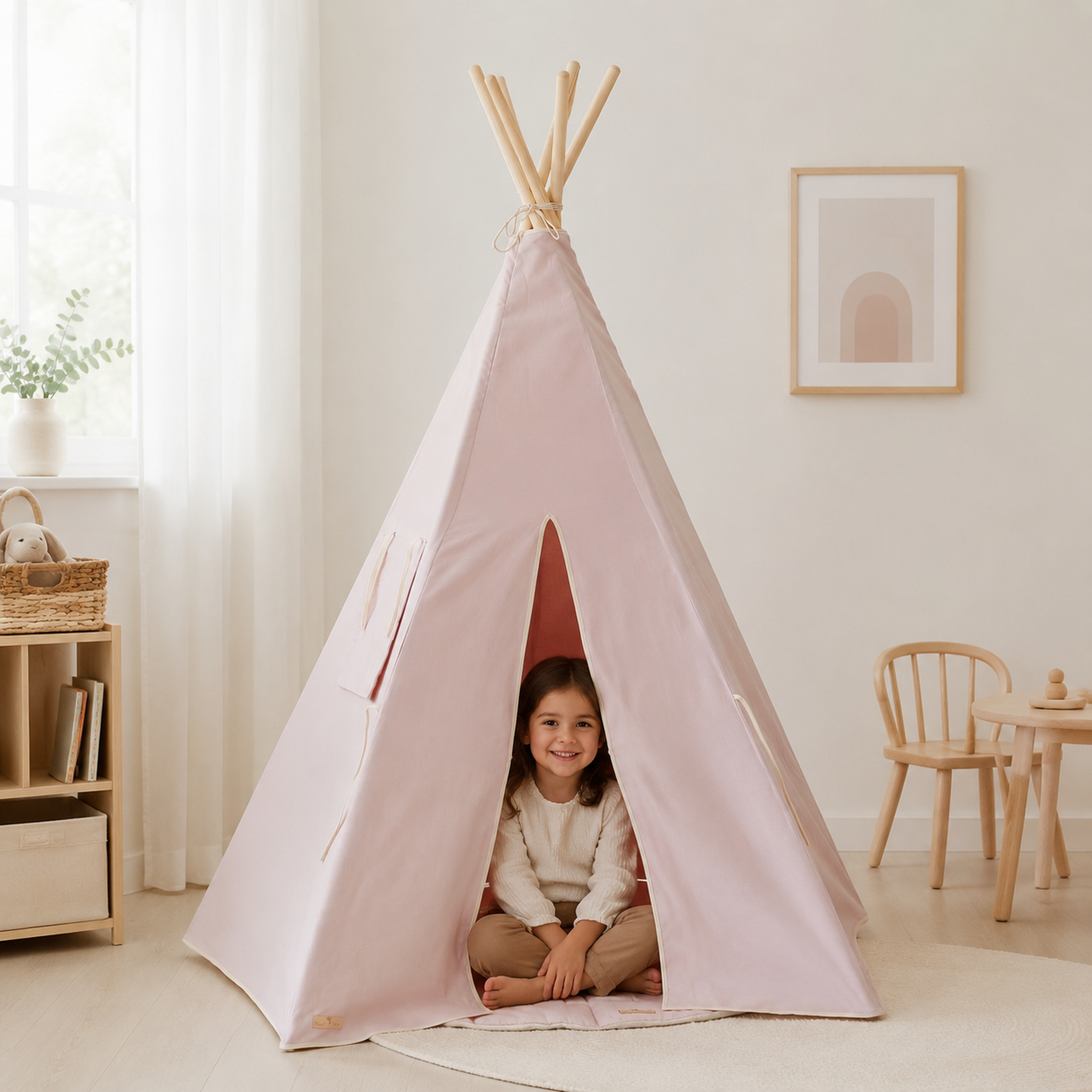 Pastellrosa Kinder-Tipi mit Kind im hellen skandinavischen Kinderzimmer