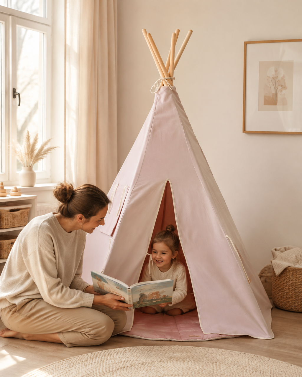 Mutter liest mit Kind am pastellrosa Baumwoll-Tipi