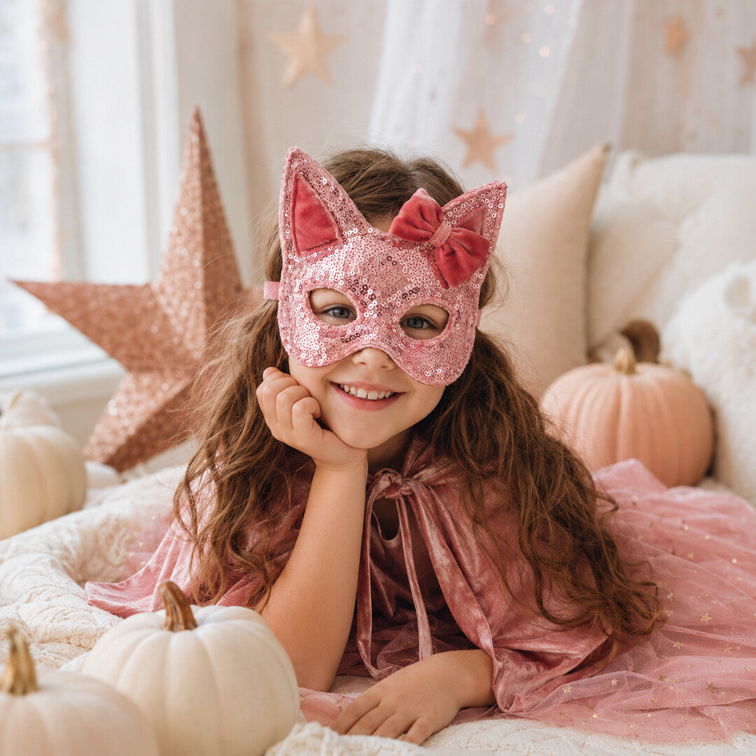 Kind mit rosa Pailletten-Katzenmaske in einer zauberhaften Spielszene