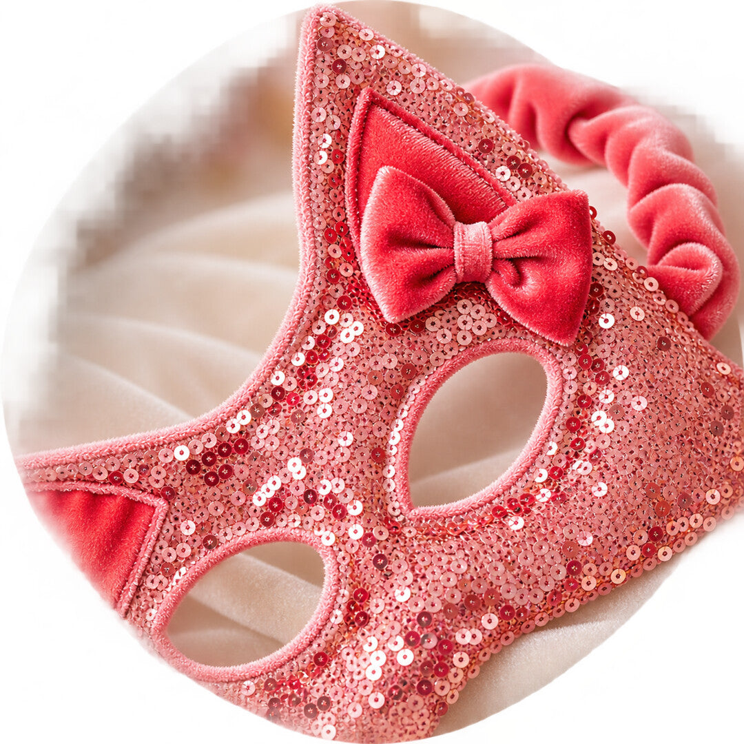 Detail der rosa Pailletten, Samtohren und Nähte der Katzenmaske
