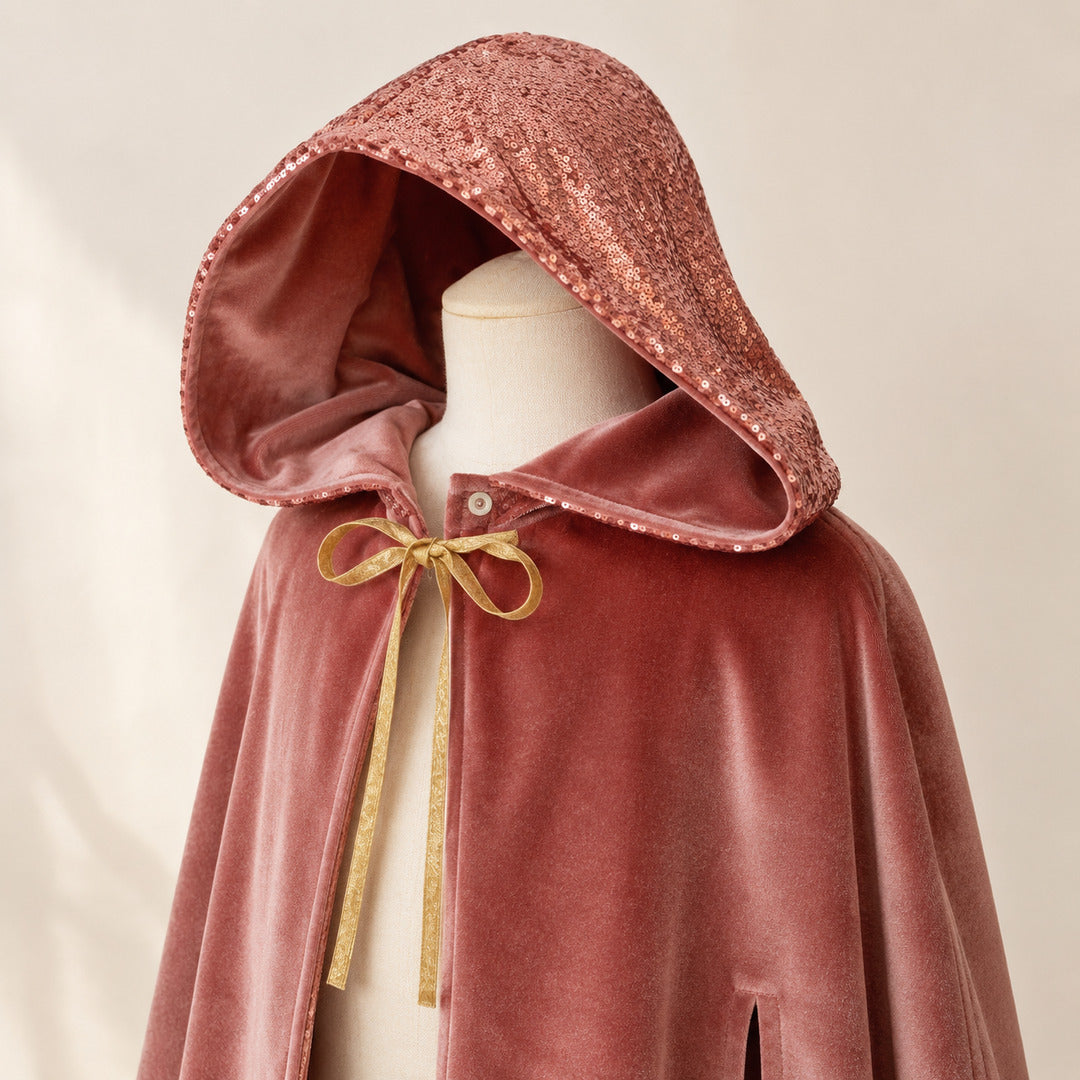Detail von Pailletten-Kapuze, Goldbändern und rosa Velours