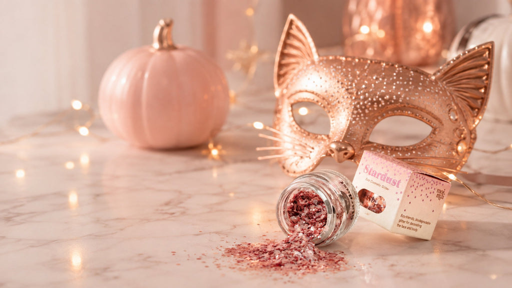 Rosa Sternenstaub-Glitzer mit Katzenmaske und Halloween-Dekoration