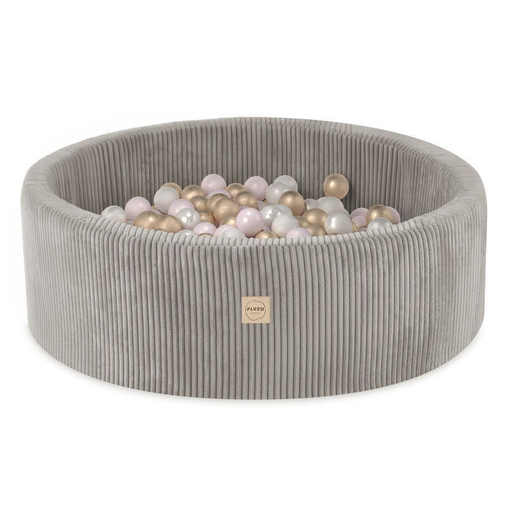 Round Corduroy Ball Pool, 90 × 30 cm — Beige, 200 Pearl, Light Pink and Gold Balls