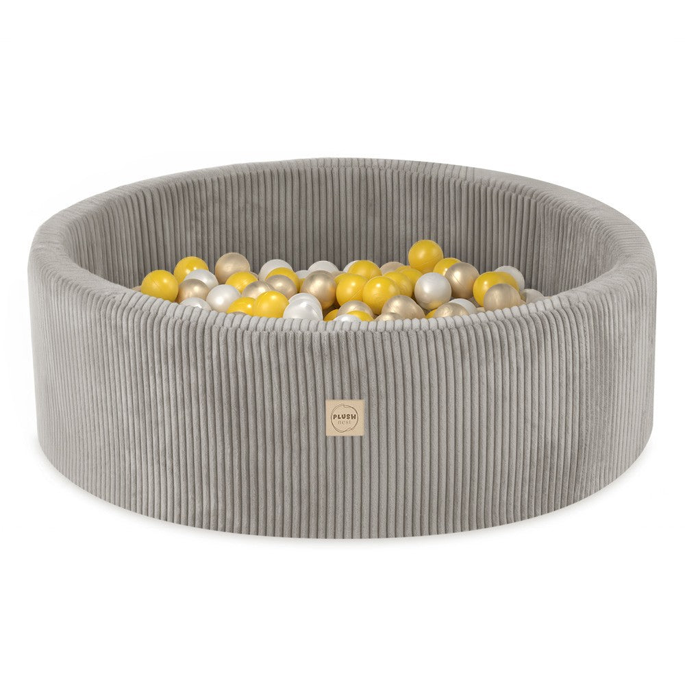 Round Corduroy Ball Pool, 90 × 30 cm — Beige, 200 Pearl, Yellow and Gold Balls