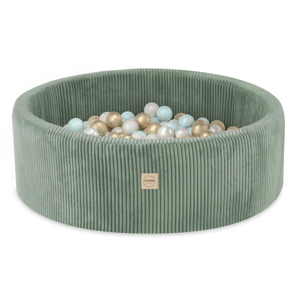 Round Corduroy Ball Pool, 90 × 30 cm — Green, 200 Pearl, Pearl Mint and Gold Balls