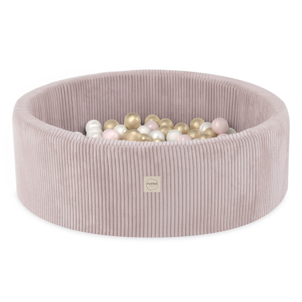 Round Corduroy Ball Pool, 90 × 30 cm — Light Pink, 200 Pearl, Light Pink and Gold Balls