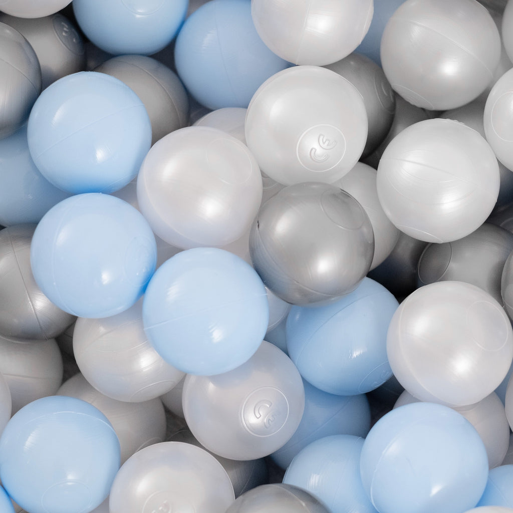 Round Cotton Ball Pool, 90 × 30 cm — Light Grey, 200 Light Blue, Silver and Pearl Balls