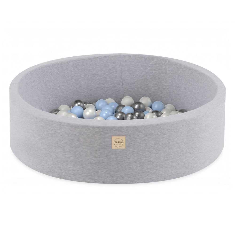 Round Cotton Ball Pool, 90 × 30 cm — Light Grey, 200 Light Blue, Silver and Pearl Balls