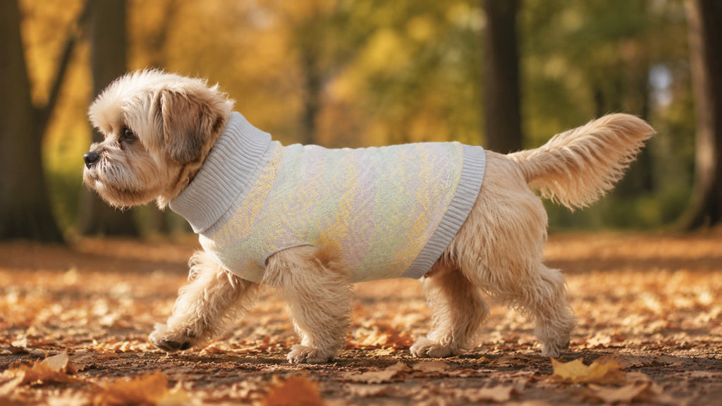 Grauer Pullo Hundepullover beim herbstlichen Parkspaziergang