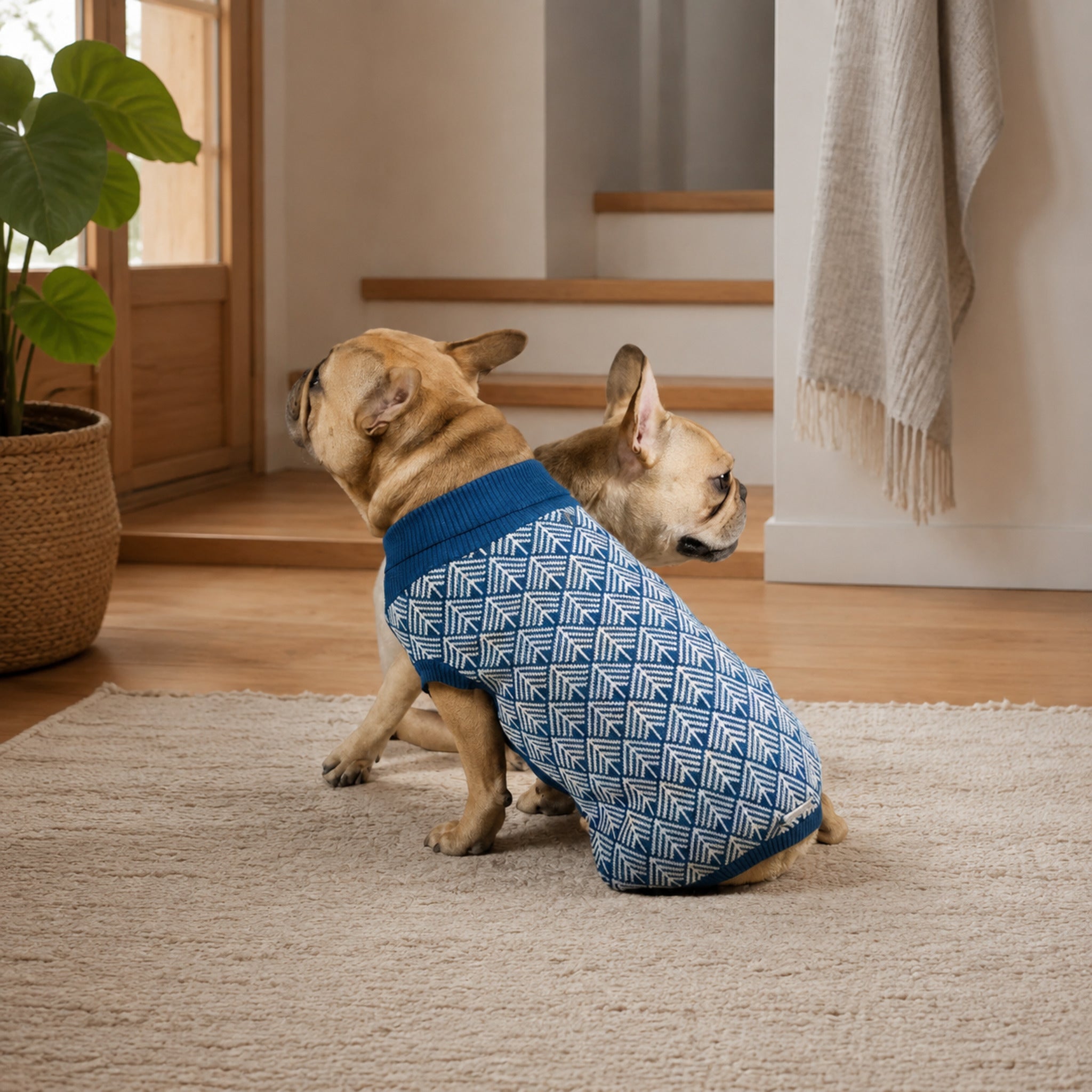 Pullo Hundepullover Marineblau mit zwei kleinen Hunden im Eingangsbereich