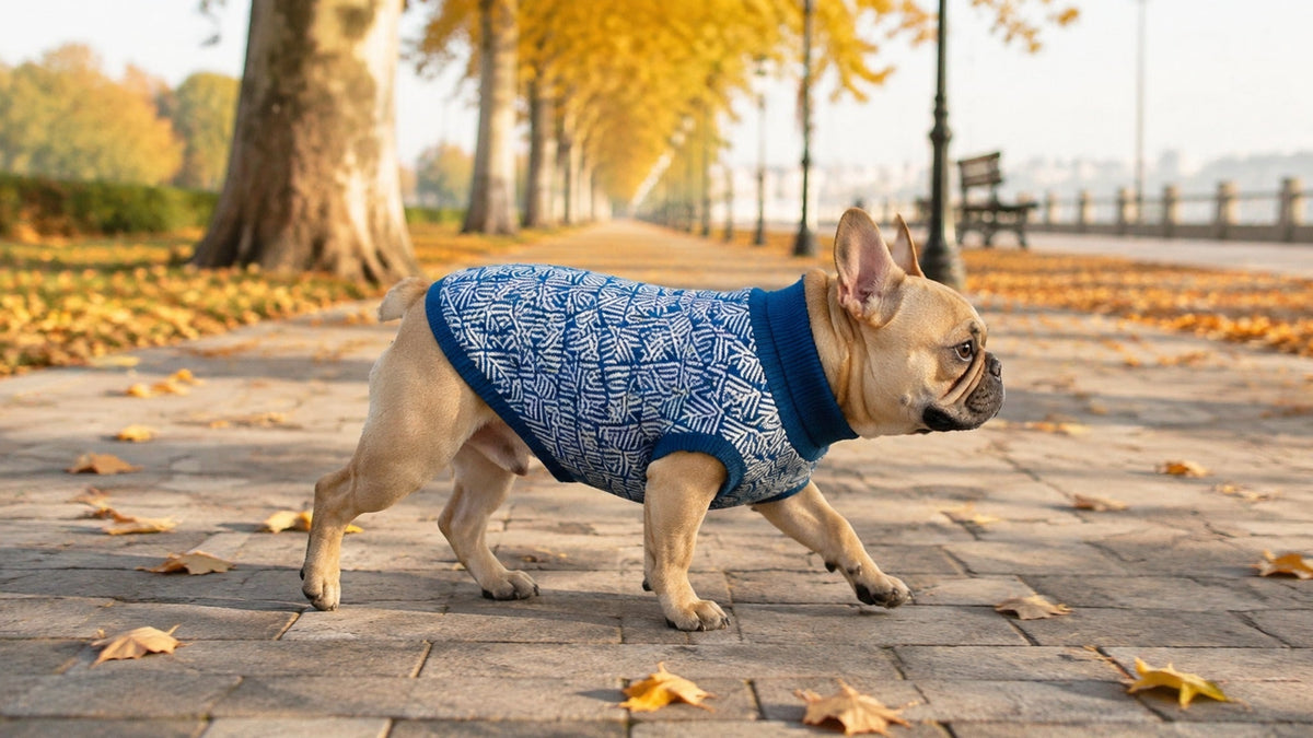 Marineblauer Pullo Hundepullover beim herbstlichen Parkspaziergang