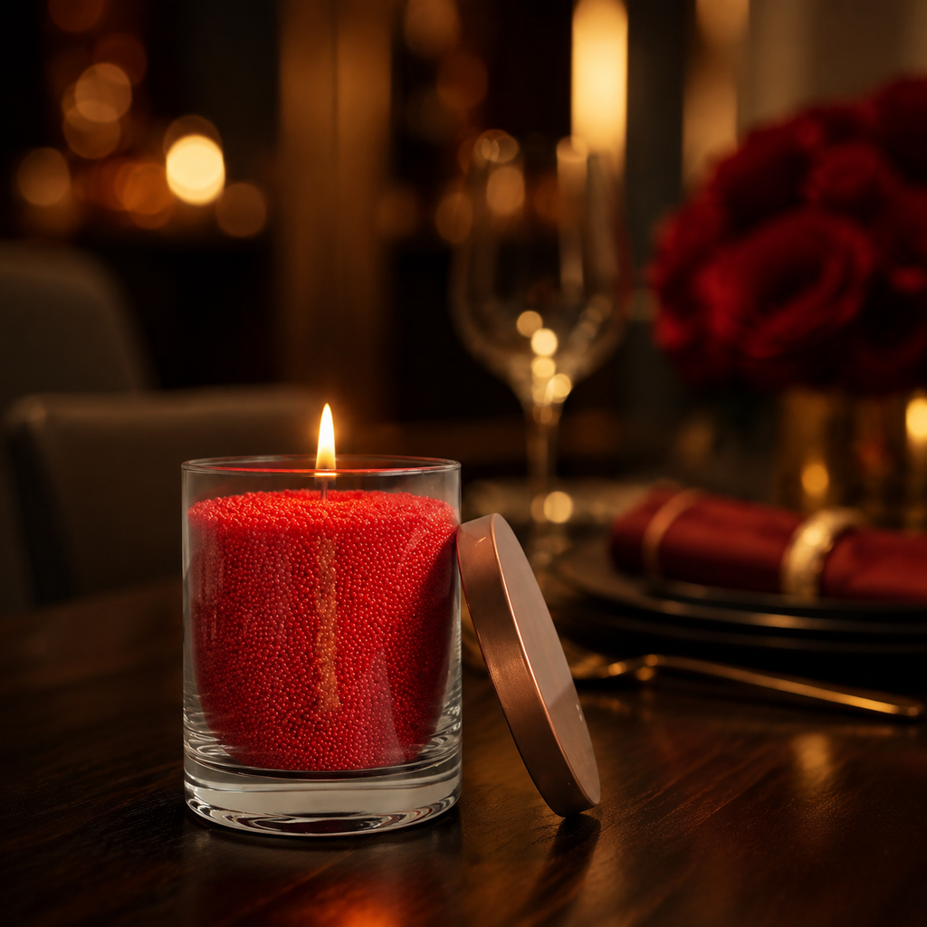 Rote Pulverkerze im Glas mit warmer Flamme in eleganter Abendstimmung