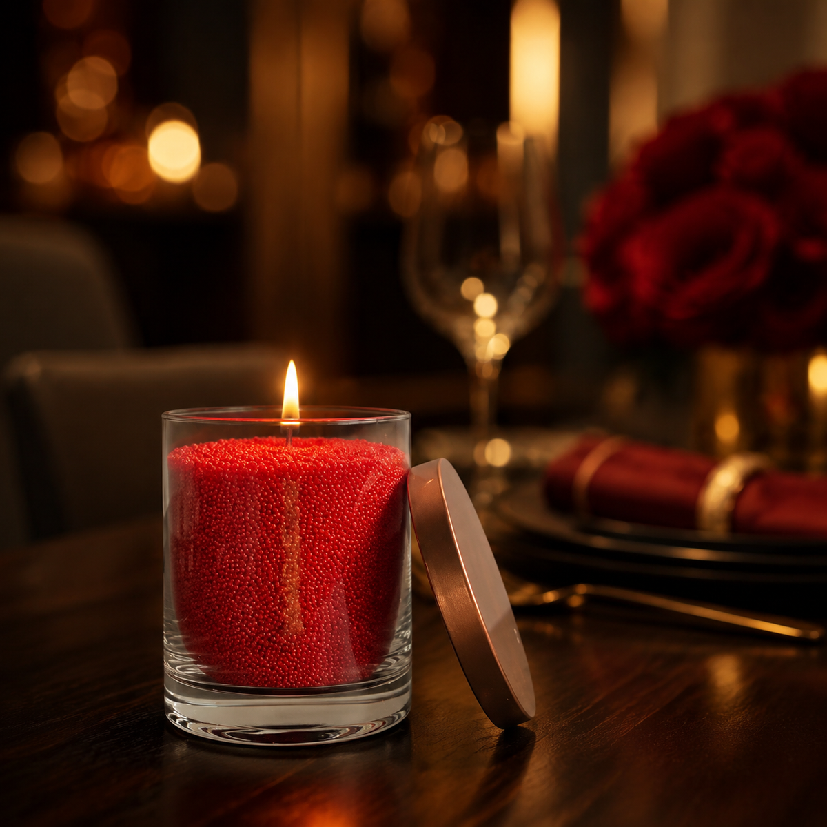 Rote Pulverkerze im Glas mit warmer Flamme in eleganter Abendstimmung