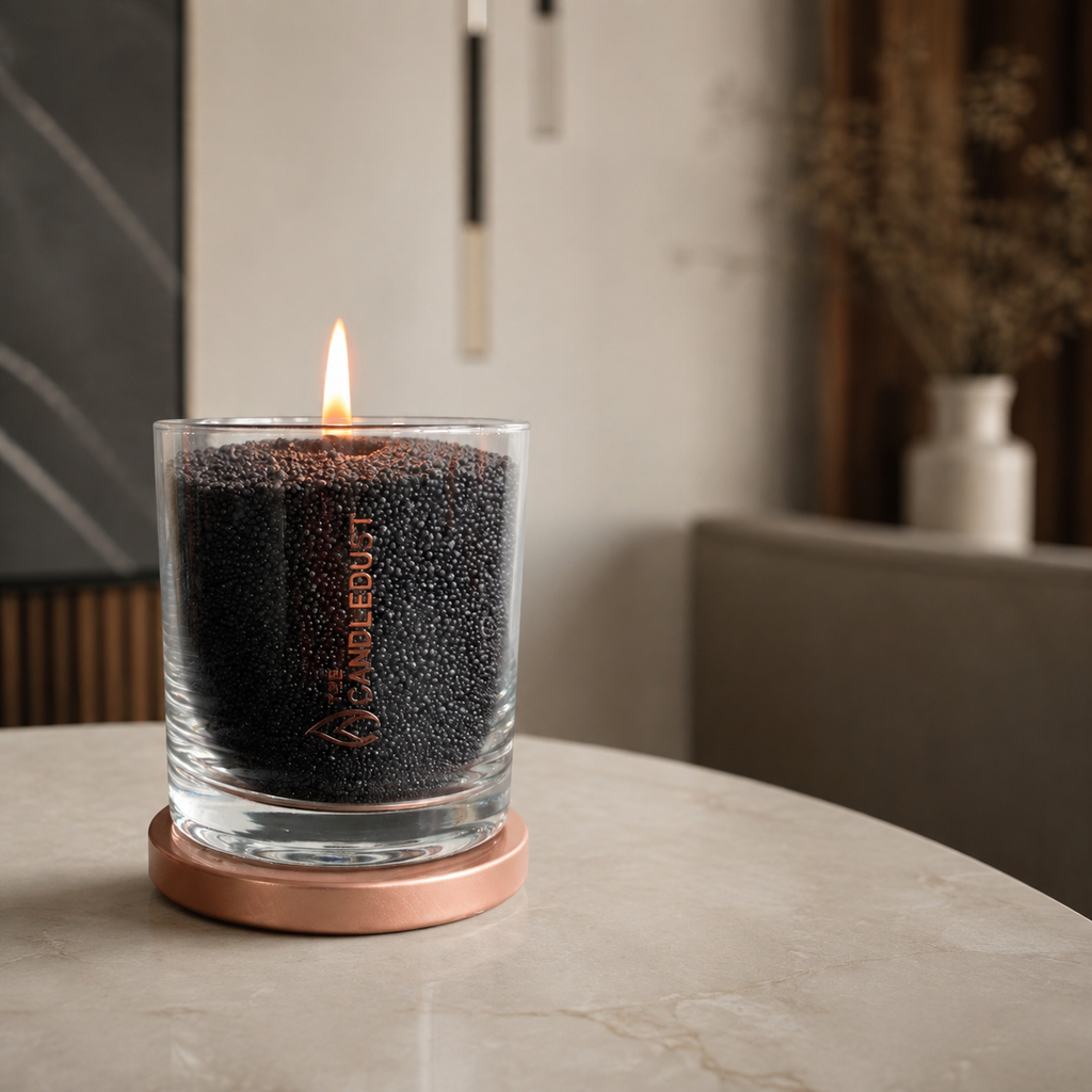 Schwarze Pulverkerze im Glas in modernem, elegantem Wohnambiente