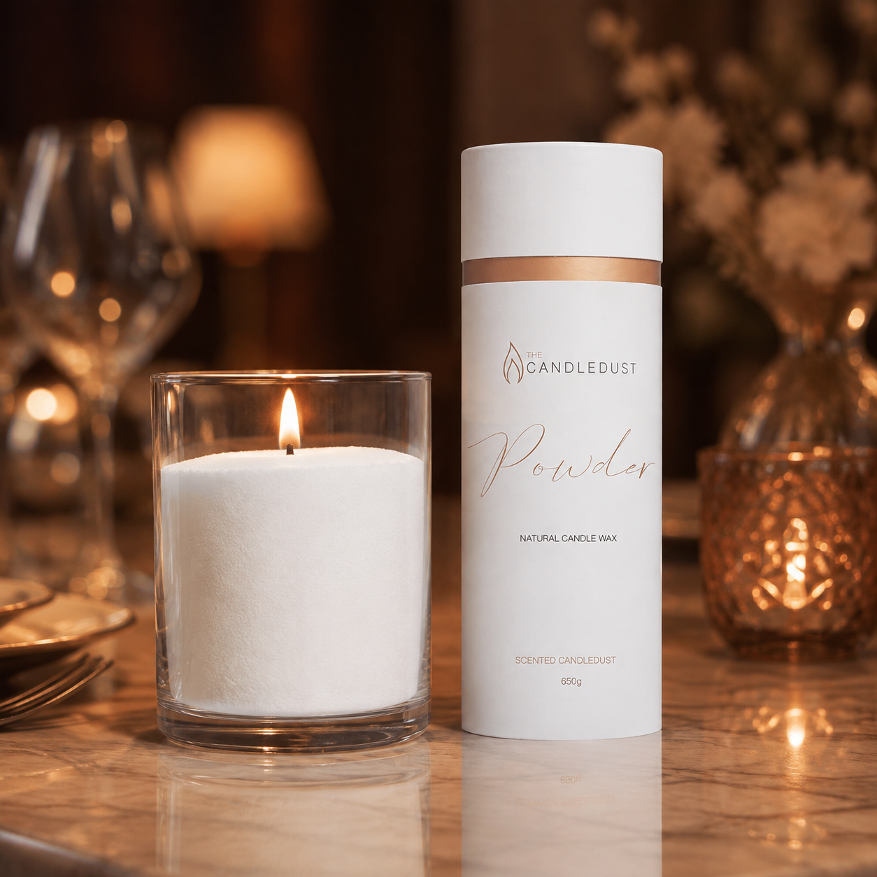 Candledust Pulverkerze in der Tube mit warmer Abendstimmung