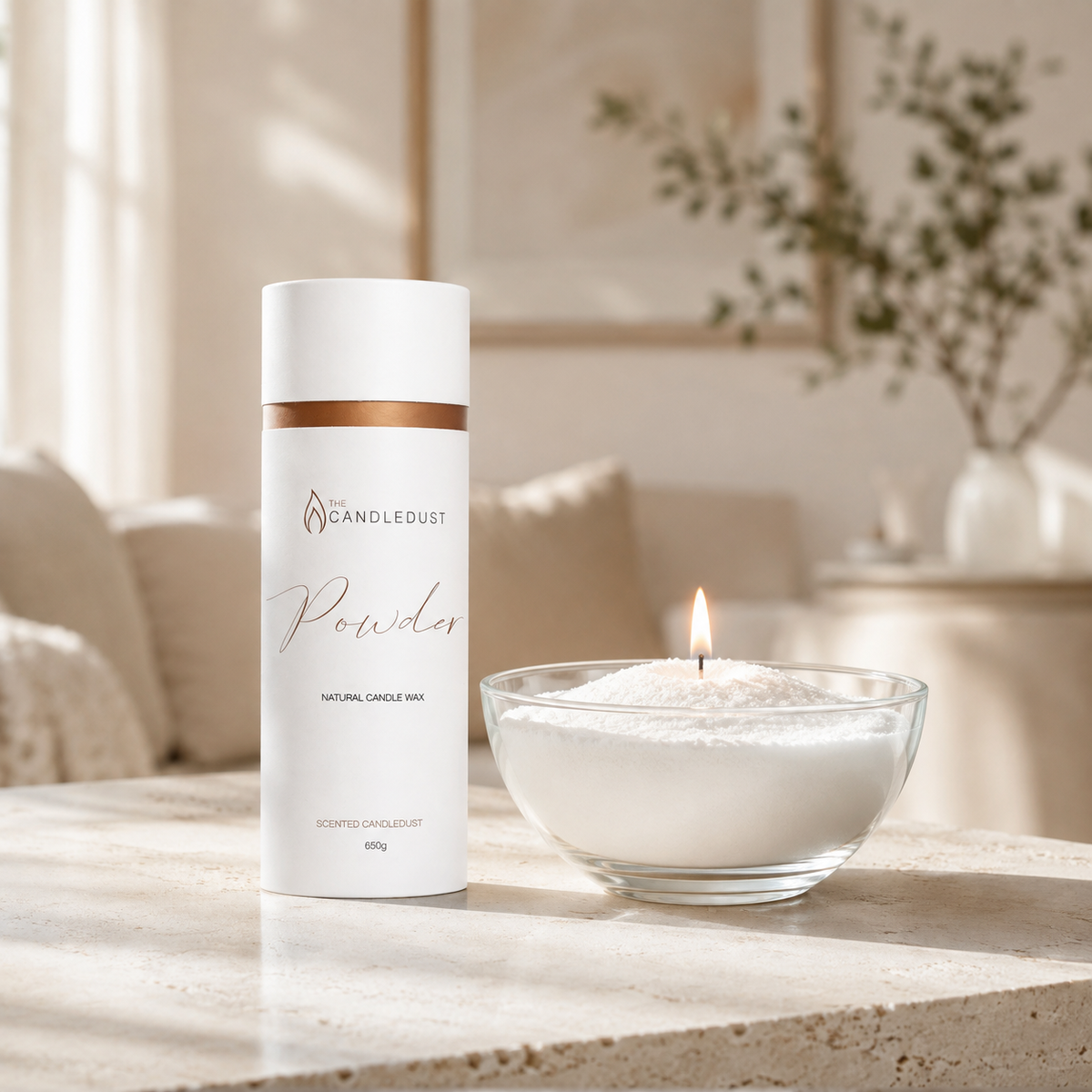 Candledust Pulverkerze in der Tube in elegantem, hellem Wohnambiente