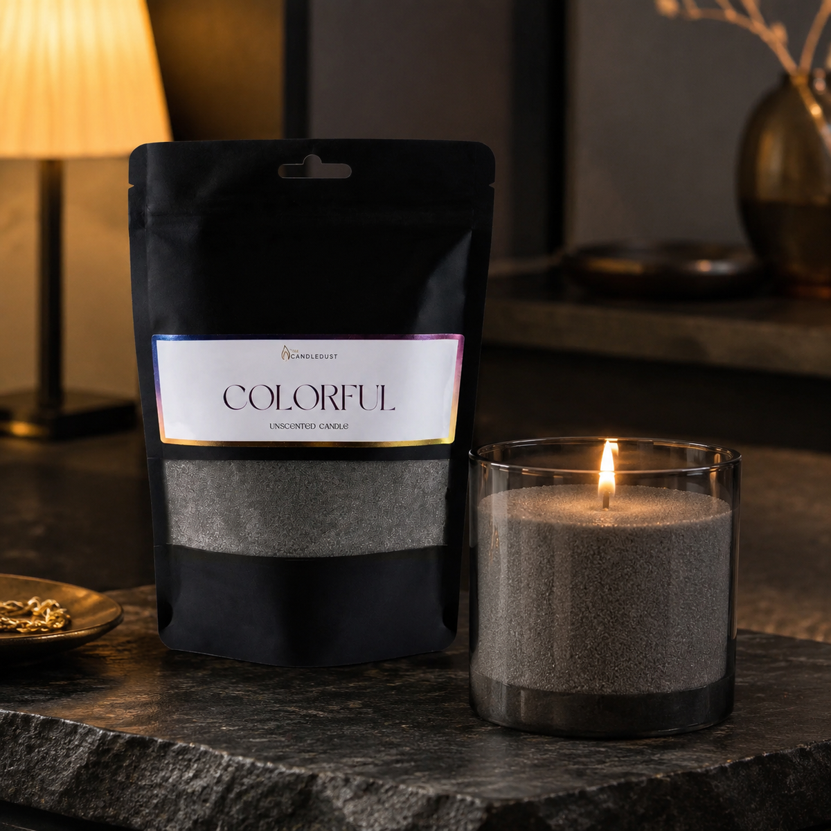 Graue Pulverkerze von Candledust in eleganter Abendstimmung