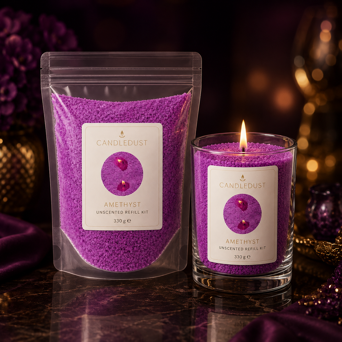 Amethyst Pulverkerzen-Nachfüllset mit warmer Flamme in luxuriöser Abendstimmung