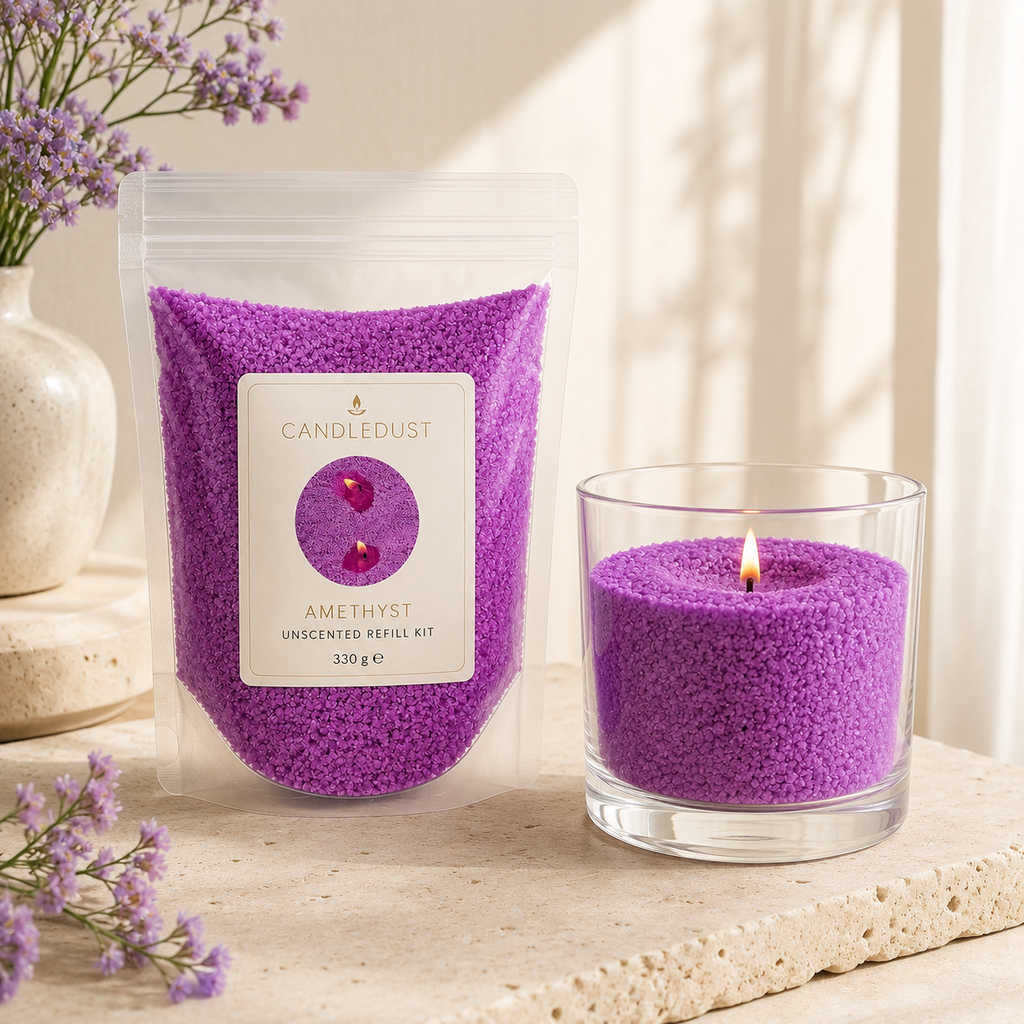 Amethyst Pulverkerzen-Nachfüllset in elegantem, hellem Wohnambiente
