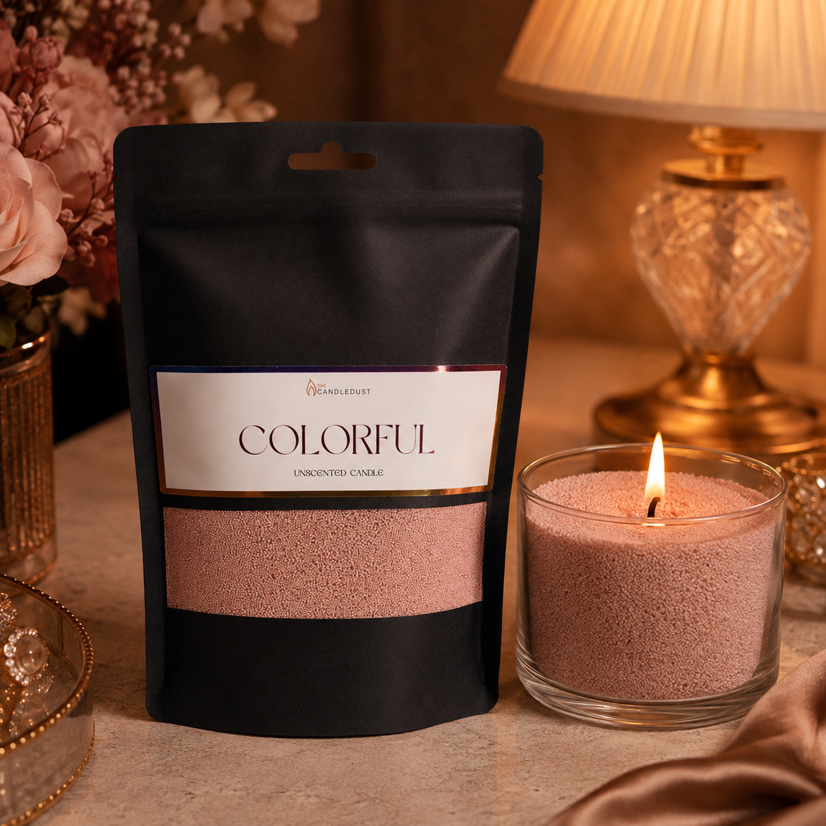 Nude Pulverkerze von Candledust in warmer Abendstimmung