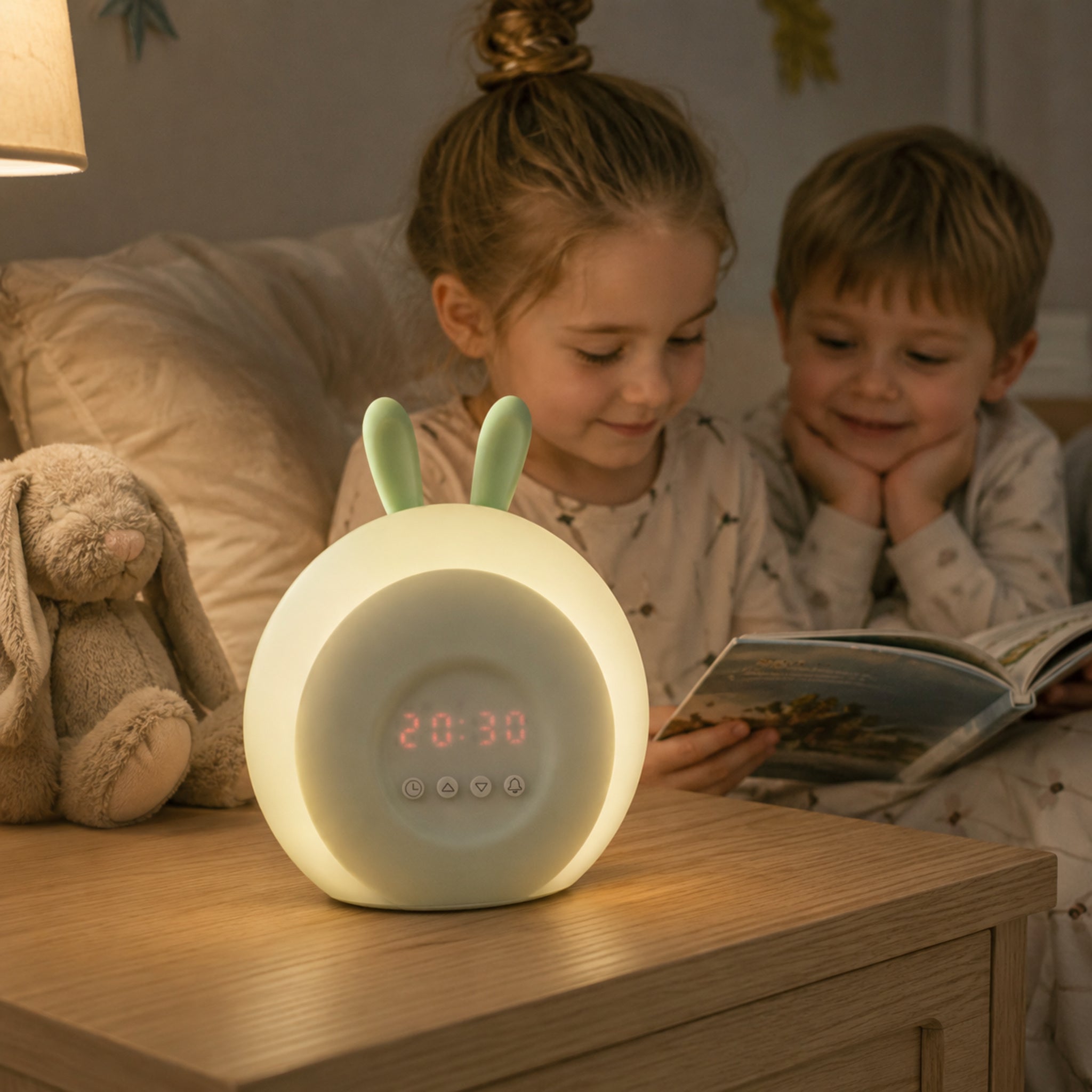 Kinderlampe mit Wecker Rabbit Grün – gemütliche Vorlesezeit