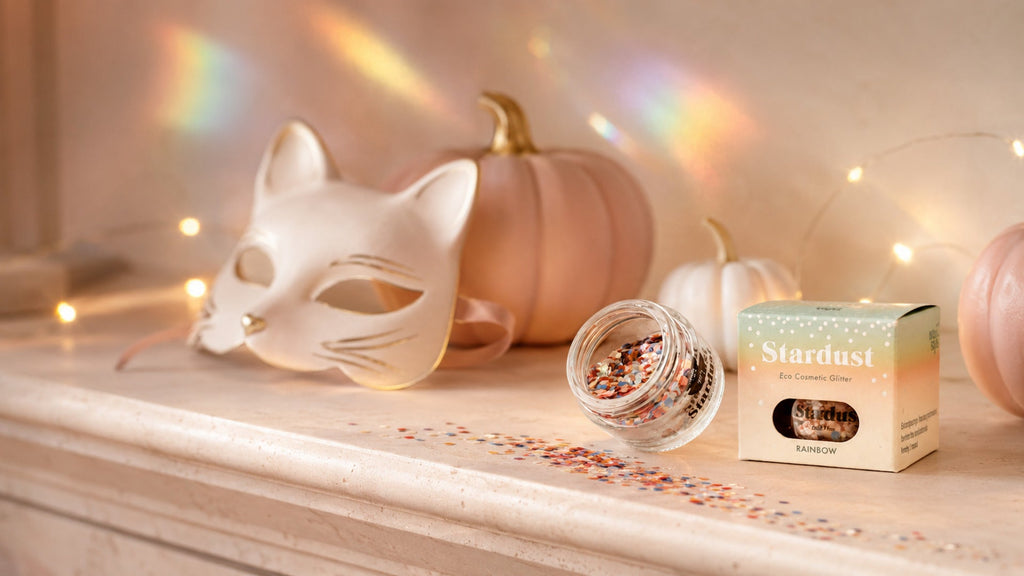 Regenbogen-Sternenstaub mit Katzenmaske und Halloween-Dekoration