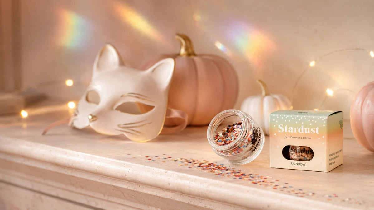 Regenbogen-Sternenstaub mit Katzenmaske und Halloween-Dekoration