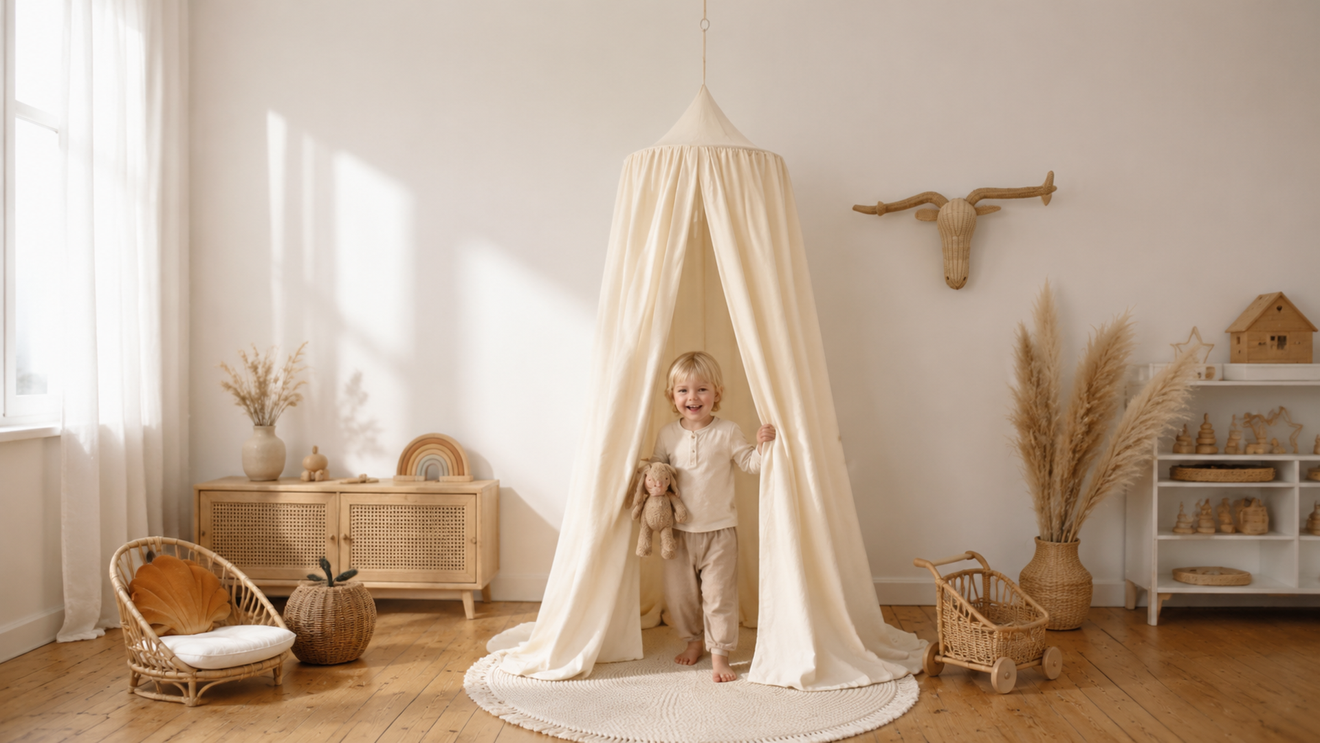 Kind kommt aus dem naturfarbenen Kinder-Baldachin