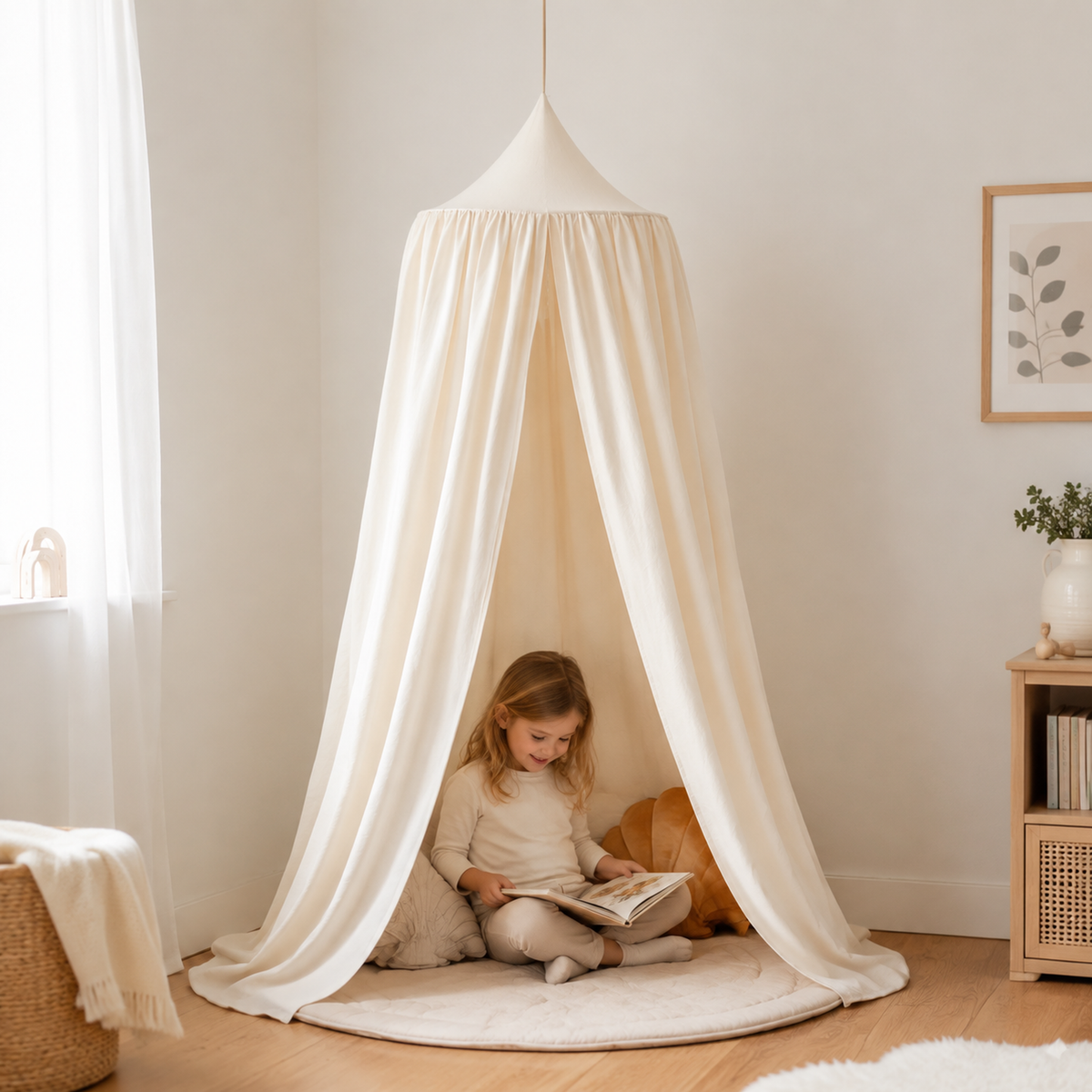 Kinder-Baldachin Rohbaumwolle Natur mit Kind im Kinderzimmer
