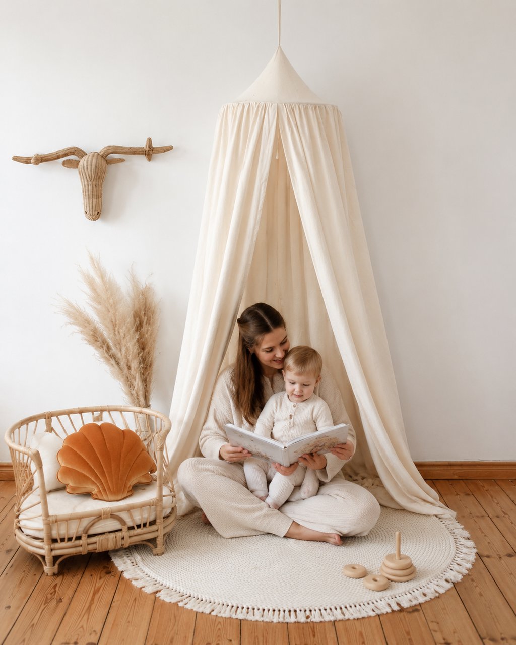 Mutter liest mit Kind unter dem Baldachin Rohbaumwolle Natur