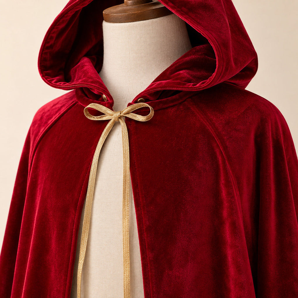 Detail von Kapuze, Goldbändern und rotem Velours des Kinderumhangs