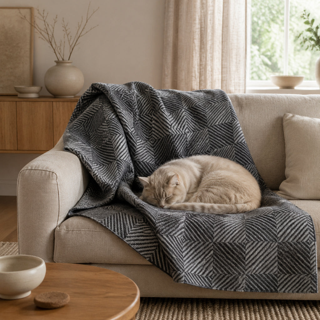 Rino Haustierdecke Grau Weiß mit Katze im stilvollen Wohnzimmer