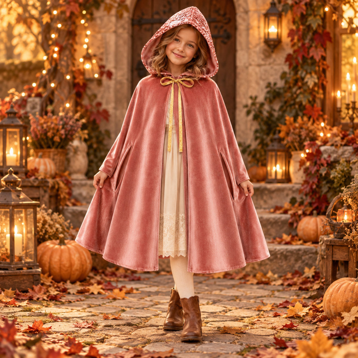 Kind im magischen Umhang Rosa Rotkäppchen – Halloween-Kostüm