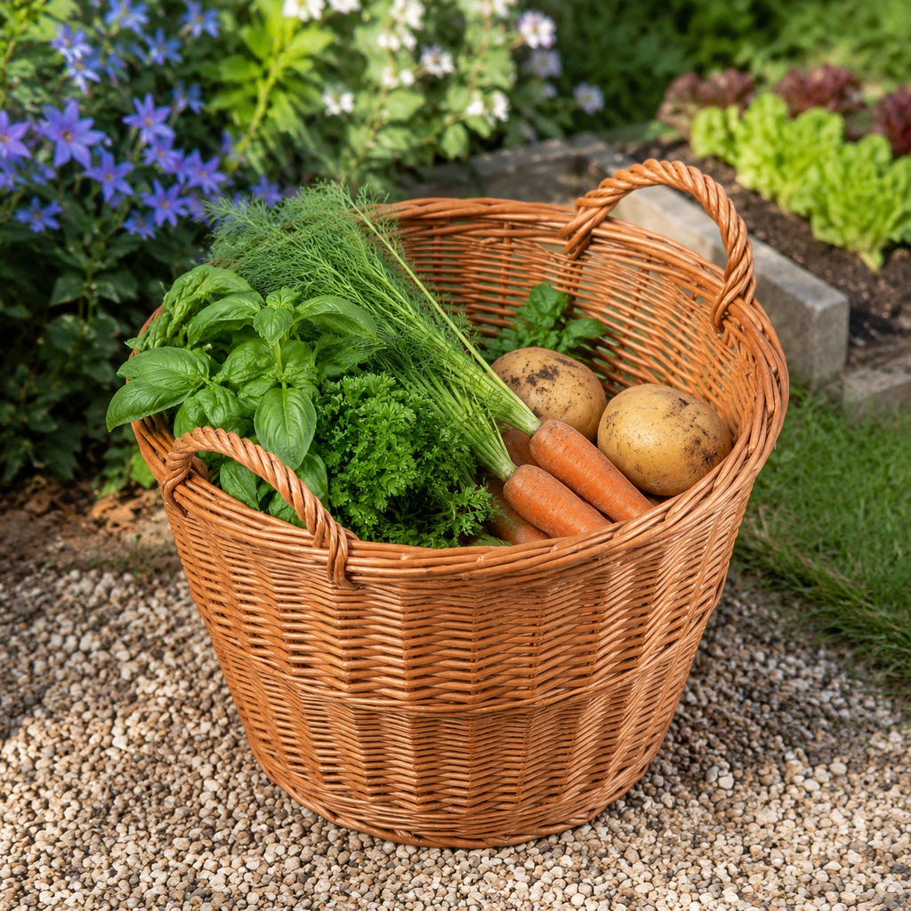 Runder Gartenkorb mit Kräutern und Gemüse