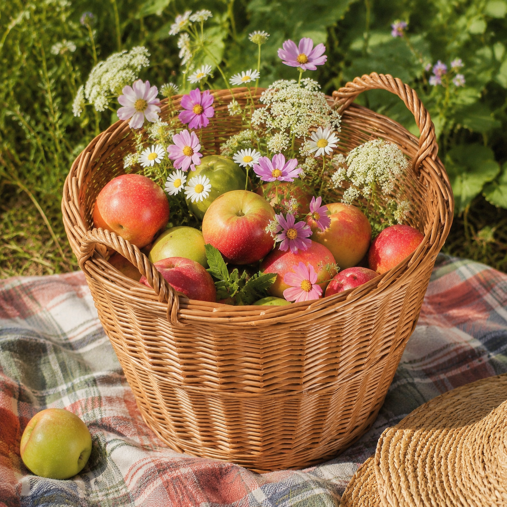 Weidenkorb 22 L mit Äpfeln und Blumen