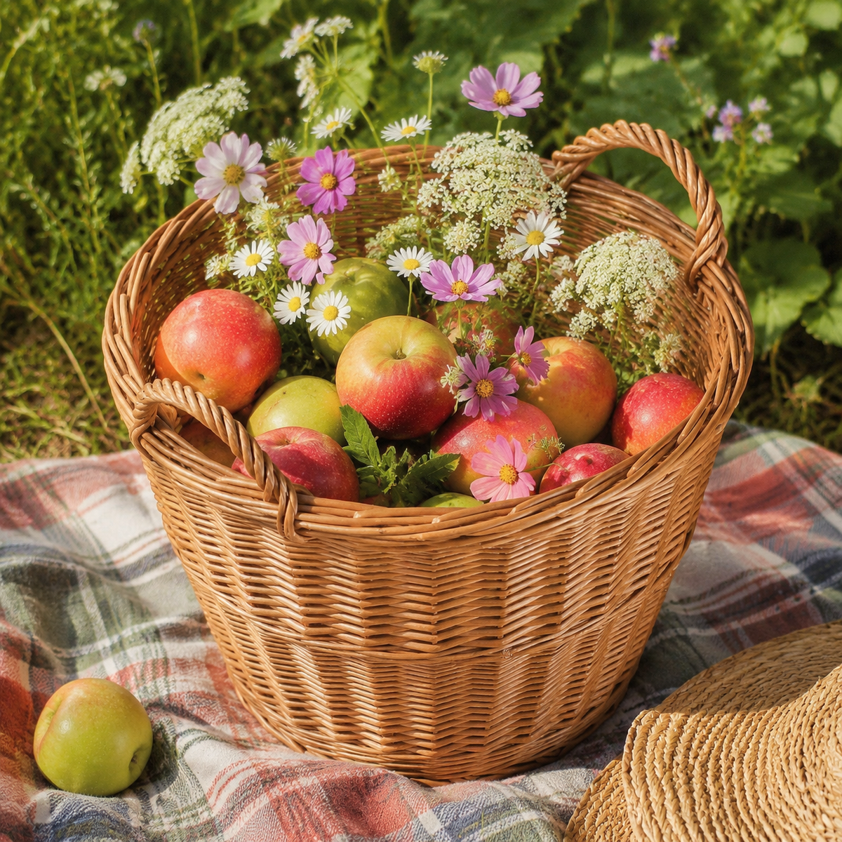 Weidenkorb 22 L mit Äpfeln und Blumen