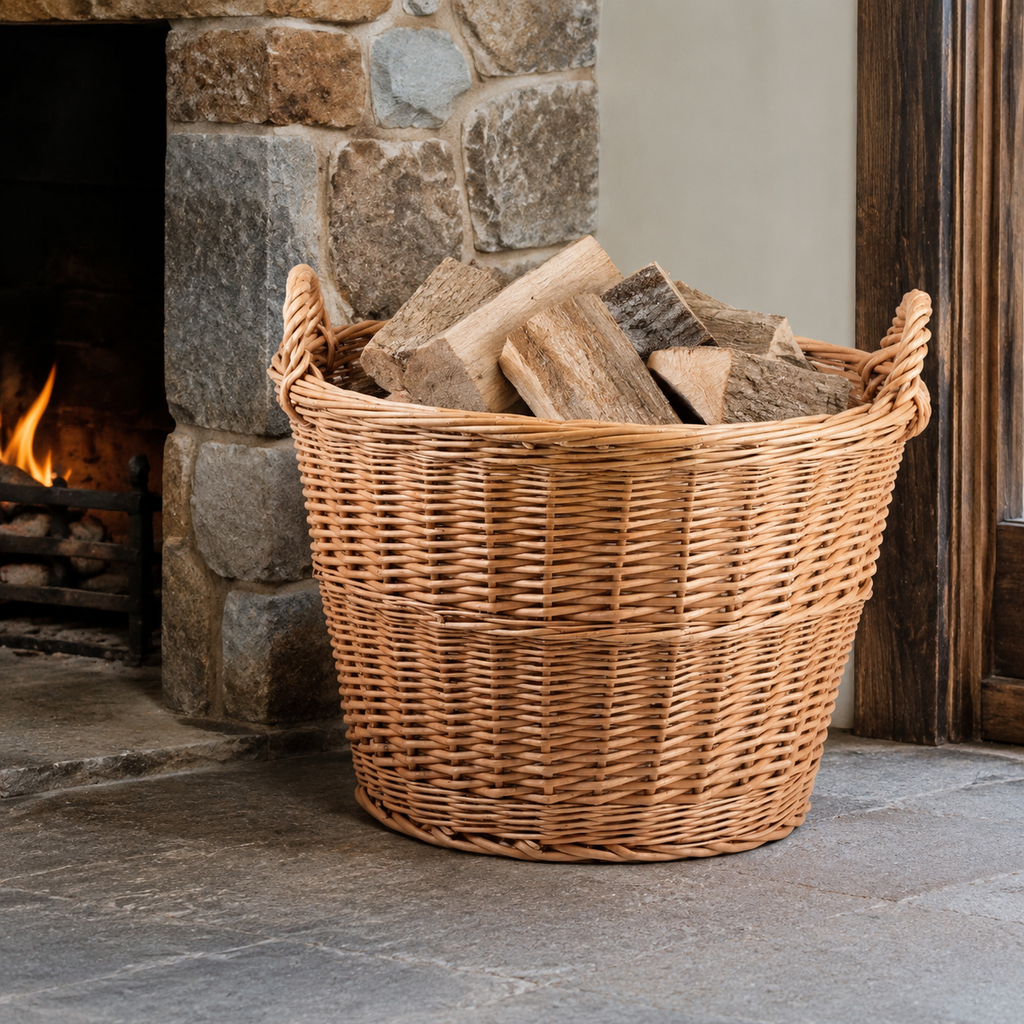 Weidenkorb 38 L mit Kaminholz am Feuer