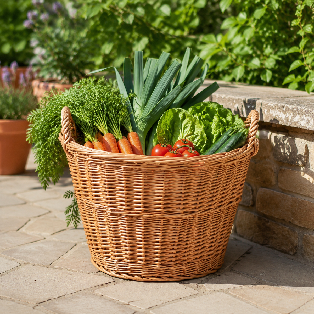 Runder Gartenkorb mit frischem Gemüse