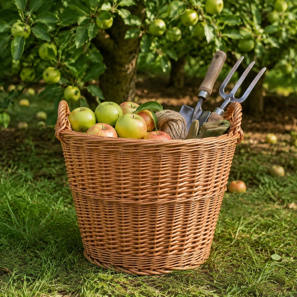 Weidenkorb 38 L mit Obst und Gartengeräten