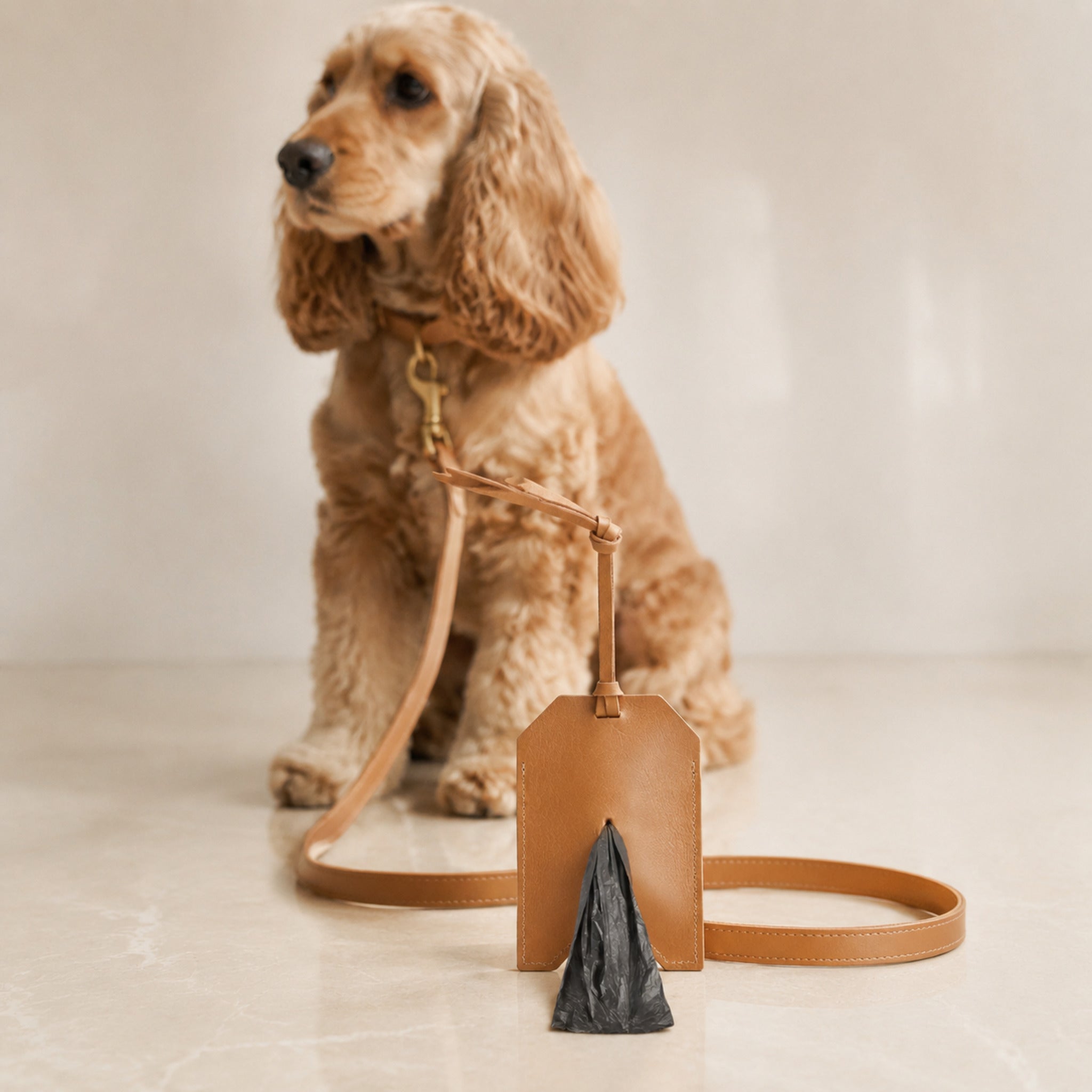Saku Kotbeutelspender aus camelfarbenem Leder mit Hund im Premium-Studio