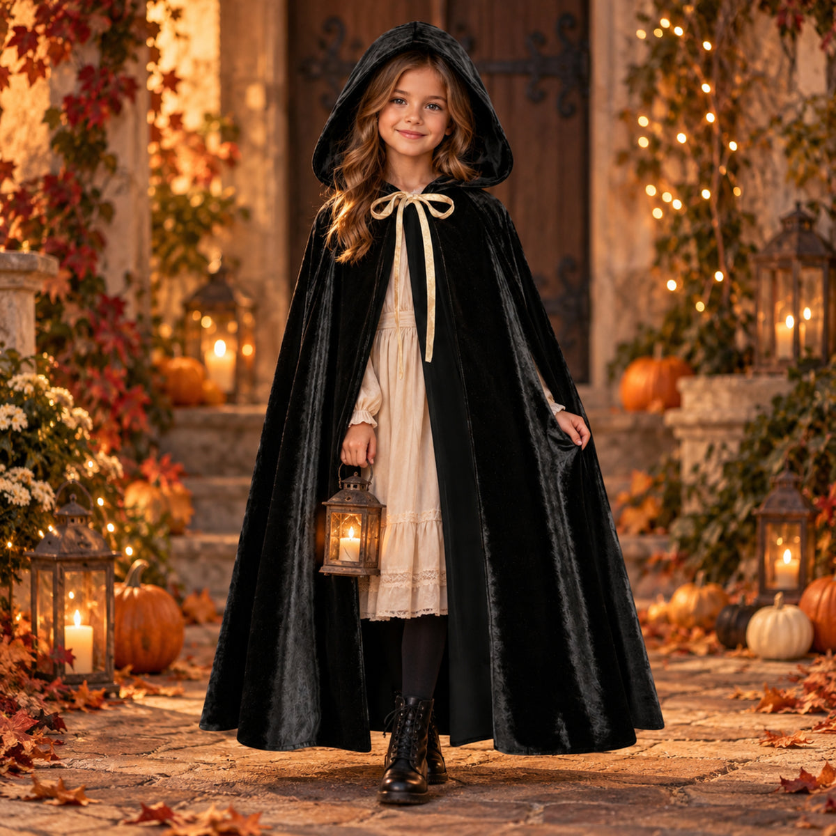 Kind im magischen Umhang Schwarzes Rotkäppchen – Halloween-Kostüm