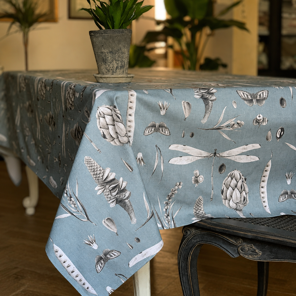 Tischdecke Seeds Aqua aus 100 % Baumwolle – Detail von Stoff, Saum und Originalmuster