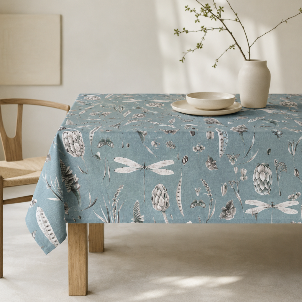 Tischdecke Seeds Aqua aus 100 % Baumwolle – Premium Hauptbild im eleganten Esszimmer