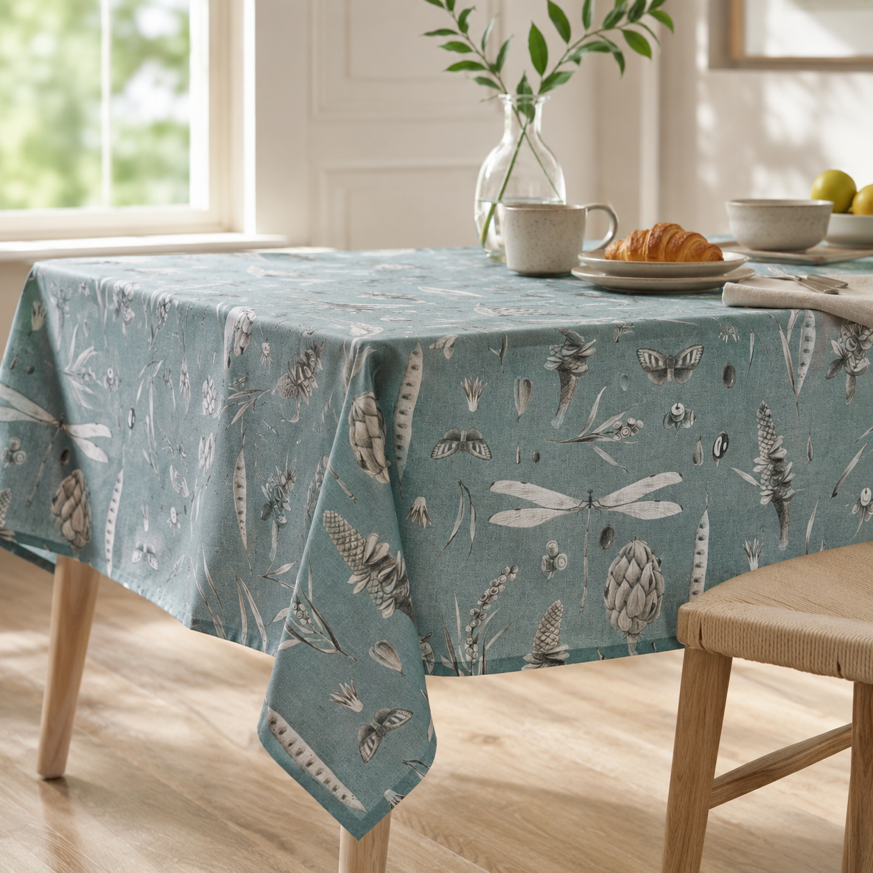 Tischdecke Seeds Aqua aus 100 % Baumwolle – stilvolle Frühstückstafel im Tageslicht